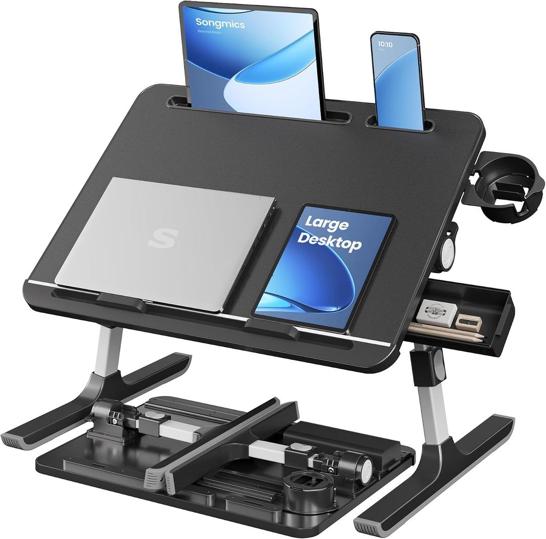 SONGMICS Bed Laptop Desk, Foldable Bed Desk for Laptop, 15.7 x 22 Inches Large Desktop, 120 Stepless Tilt, Adjustable Height, Cup Holder, Tray, Portable Bed Sofa Table, Ink Black ULLD113BC01