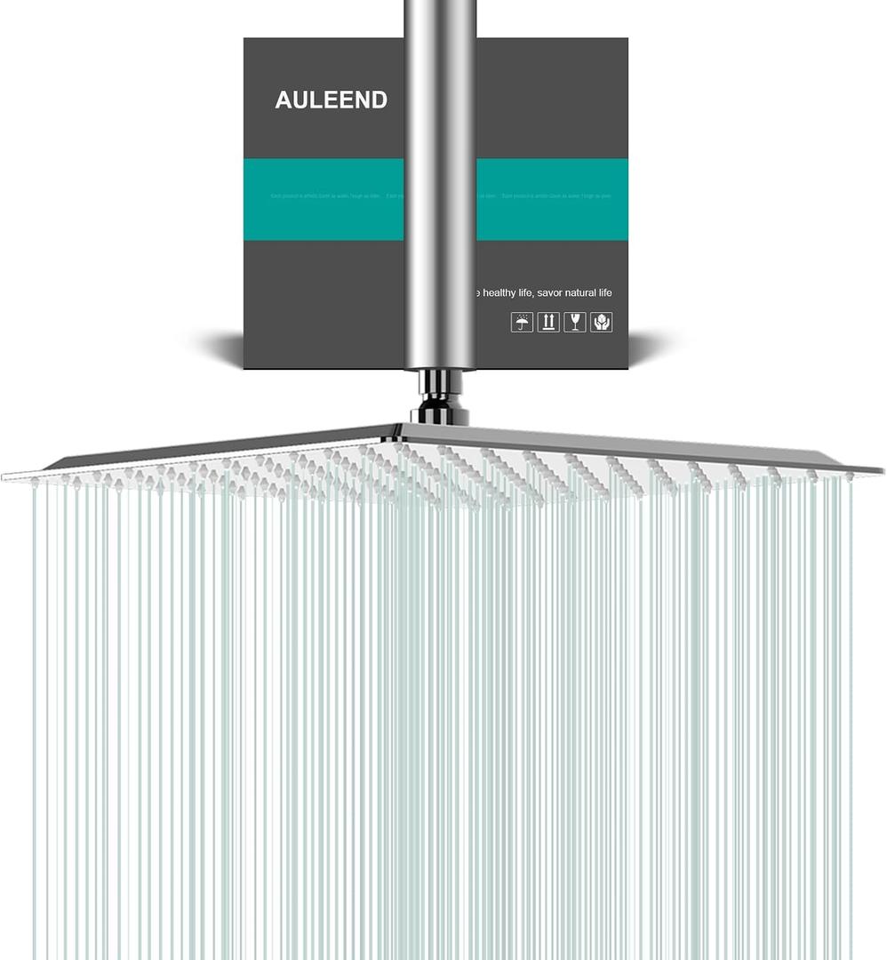Square Rain Shower Head, High Flow Stainless Steel,Work with any decorative styleAll Metal Rainfall Shower Head (Chrome, 12)