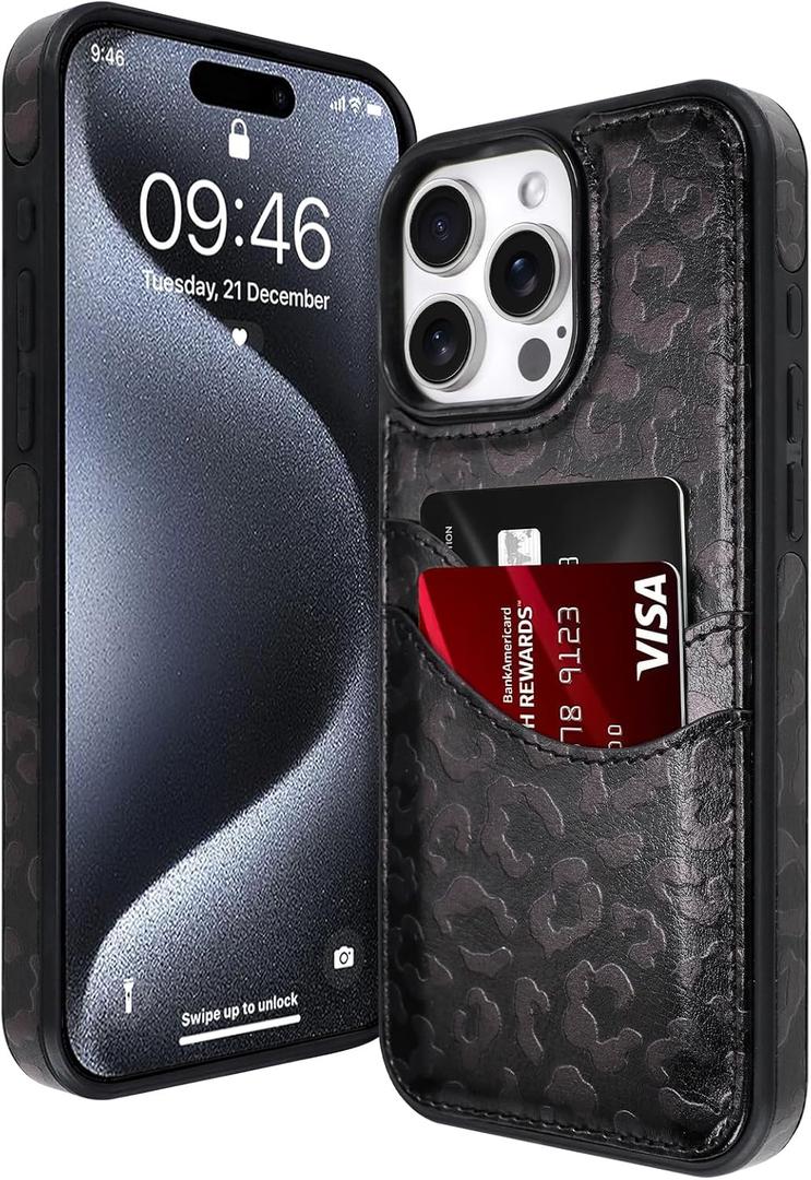 for iPhone 15 Pro Wallet Case with Card Holder Leopard Pattern | Leopard Cheetah Pattern Design Soft PU Leather Anti-Drop Card Slot Full Cover Shockproof Protective for Women Girls, Black