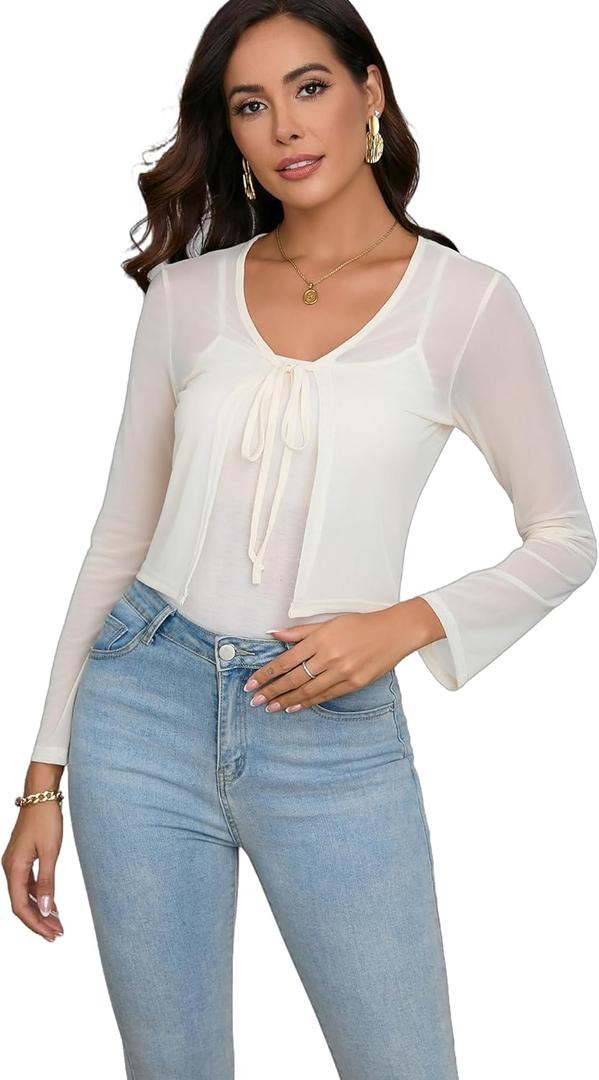Women's Bolero Sheer Shrug Tie Front Crop Cardigan Lightweight Stretch Long Sleeve Summer Cover Up (XX-Large, Apricot)