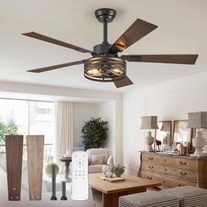 Fanbulous Farmhouse Caged Ceiling Fans with Lights and Remote, 48 Inch Black Bedroom Ceiling Fans for Living Room Kitchen6 Speed Reversible Quiet DC Motor, Dual Finish 5 Blades