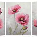 KREATIVE ARTS 3 Pieces Flower Canvas Wall Art Flower Poppy Blossom Picture Wall Decor Floral Painting Framed Poster for Bathroom Easy to Hang Each Panel 12x16 Inch (Pink)