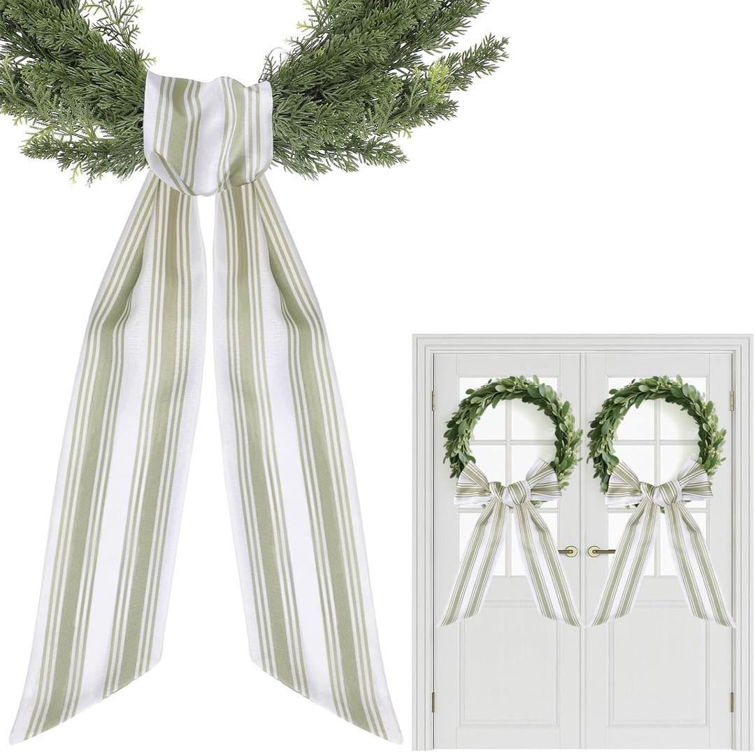 Wreath Sash for Front Door - 2 Pcs Boho Stripe Sashes for Wreaths Garland Doorway Yard, 60 Inch Blank Wreath Scarf for Embroidery Monogram Rustic Farmhouse Home Decor (Green-White)