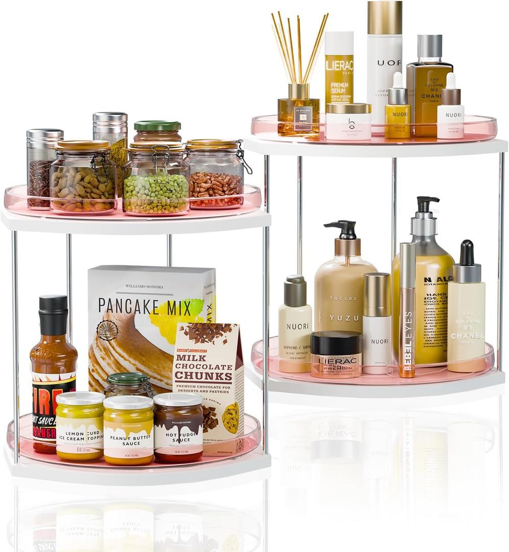 2 Pack 2-Tier Lazy Susan Turntable Organizer  9.05 Rotating Spice Rack Organizer for Cabinet, Pantry, Tabletop & Counter  Clear Acrylic Lazy Susan for Kitchen, Bathroom & Vanity (Lagre, Pink)