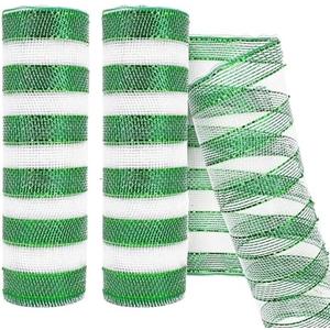 Rilisili 2 Rolls Green White Stripe Metallic Mesh Ribbon 10 Inch X 10 Yards(30 Feet) for Party Wreath Swags Wedding Home Decor Valentine's Day Christmas Decoration