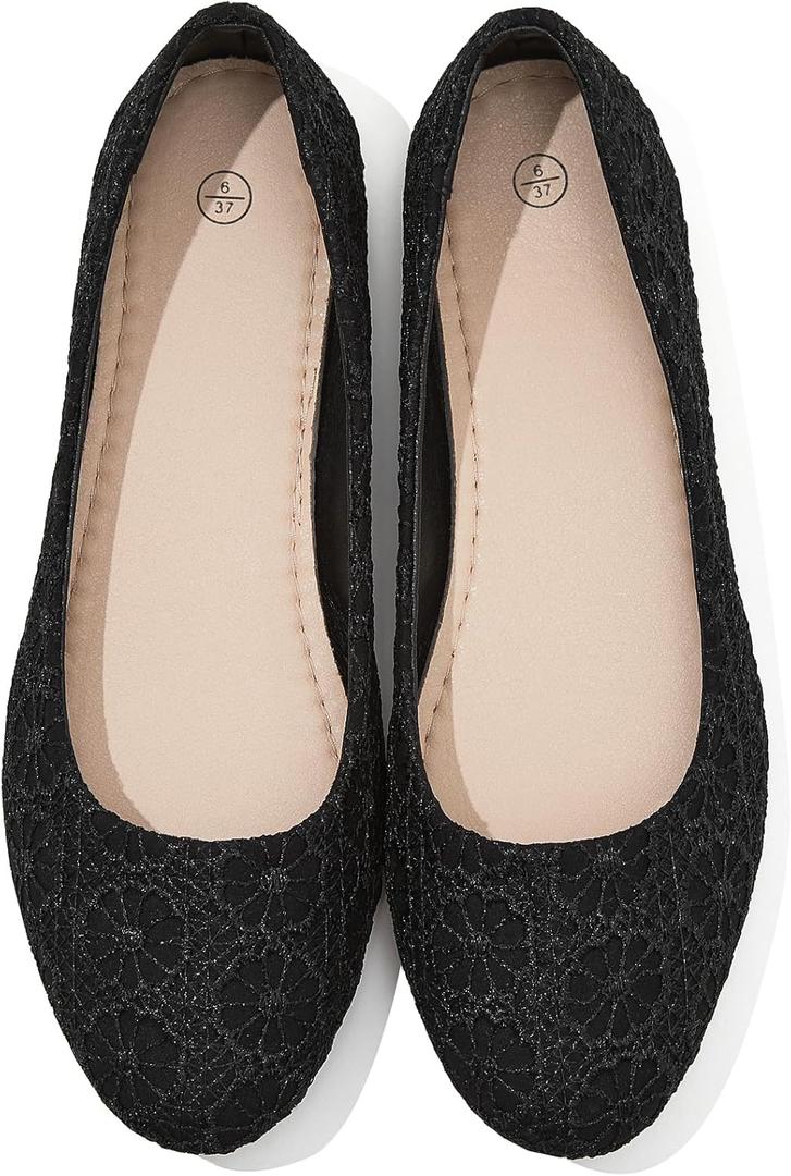 Dress Shoes for Women Round Toe Flats Shoes Lace Ballet Flats Dressy Comfortable Foldable Flats Low Heel (8, Black)
