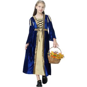 Colorful House Girls Renaissance Dress Medieval Dress Royalty Princess Child Dress Up Fancy Costume for Halloween (10-12Y, Blue)