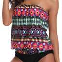 Two Piece Bandeau Tankini Swimsuits for Women Loose Blouson Swim Top with Bikini Bottom Tummy Control Bathing Suits, Small