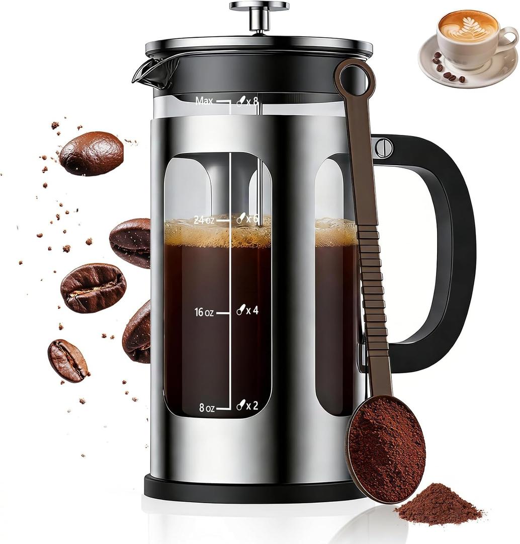 French Press Coffee Maker 34oz, Heat Resistant Thickened Glass Stainless Steel Brewer, Easy to Clean, 4-Level Filtration, Cold Brew Cafe/Tea Pot for Kitchen Camping Travel, Gifts, Bar