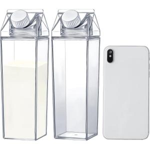 17 oz Milk Carton Water Bottles Clear Plastic Milk Box Portable Reusable Square Juice Bottles for Outdoor Sports Travel Camping Activities(2 Pieces)