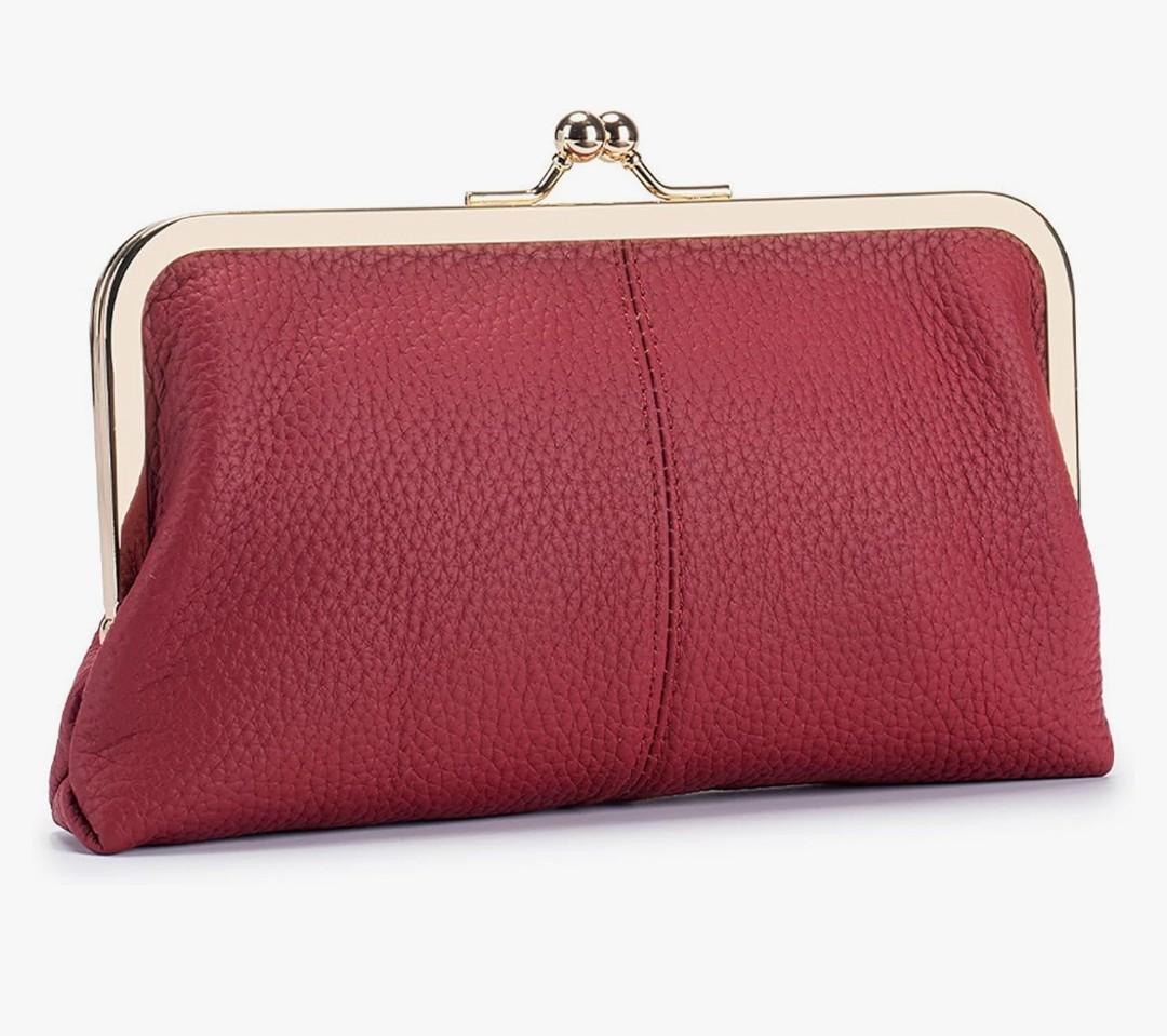 Vintage Kiss Lock Genuine Leather Wallet for Women Multi Card Slots Travel Clutch Purse (Wine Red)