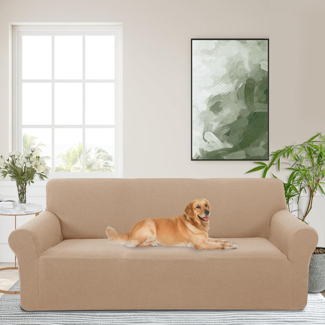 Stretch Couch Cover Washable Sofa Slipcover Furniture Protector with Non Skid Foam and Elastic Bottom for Kids, Dog (Large/Camel)