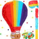 Wettarn 16" x 11" Inches Piata for Birthday Party Rainbow Hot Air Balloon Colorful Piata with Stick, Paper Blindfold and Confetti for Kids Girls Boys Birthday Baby Shower Party Supplies