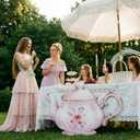 Colingmill Tea Party Decorations Teapot Cardboard Cutout 35.4 x 24.6 Inch Pink Floral Tea Party Baby Shower Let's Partea Photography Background for Women Birthday Bridal Decorations