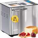 25-in-1 Bread Maker Machine with Automatic Dual Dispenser, 2LB Stainless Steel Breadmaker with Gluten-Free, Dough, Jam, Yogurt etc Settings, Silver