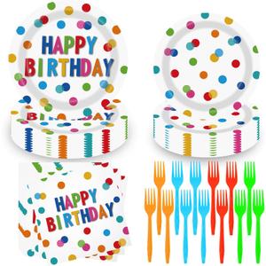 Happy Birthday Decorations Kids' Birthday Party Supplies 96pcs Happy Birthday Plates and Napkins Forks for Birthday Party Decorations Boys Girls