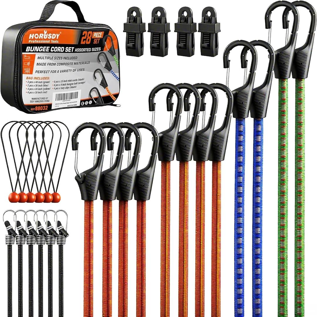 HORUSDY 28-Piece Premium Bungee Cords with Hooks, Includes 10, 18, 24, 36, 48, Bungee Cord Assortment (10 to 48 Inch)