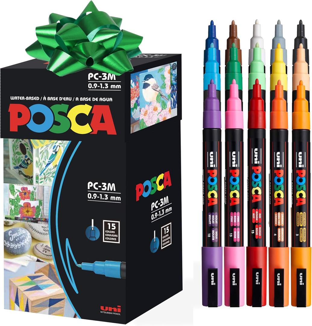 Posca Paint Markers, 3M Fine Point Acrylic Paint Pens with Reversible Tips, Art Supplies For Gifts, Decorations, Fabric, Metal, Glass, Wood and Canvas, Set of 24