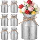 6 Pcs Farmhouse Metal Flower Vase Decor, 5.3 Inch Galvanized Milk Can Jug Vase with Twine Bow Rustic Flower Buckets for Centerpieces Floral Display Table Home Wedding Festival DIY Decorations