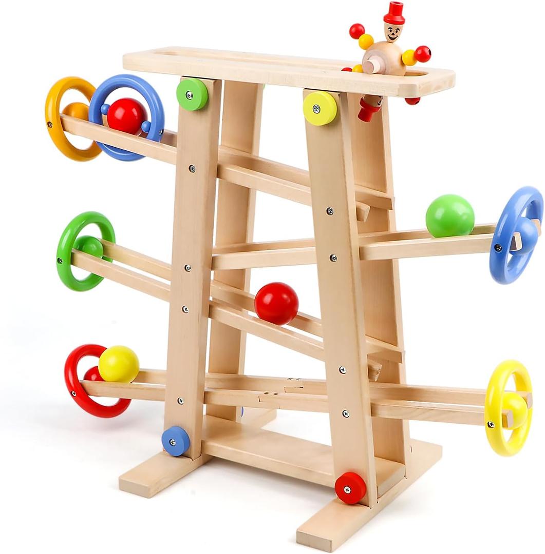 Wooden Wooden Race Track Toddler Toys for 1-3, Wood Car Ramp Racer Toy Vehicle Set with 4 Balls & 5 Race Tracks, Great Educational Montessori Toys for Kids Boys Girls