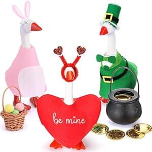 AmazingSpark 3 Set Valentine's Day Mini Desk Goose Outfit 7 Inch St. Patrick's Day Easter Magnetic Goose Statue Key Holder Romantic Clothe for Magnetic Duck Statue Table Desk Key Holder Decor