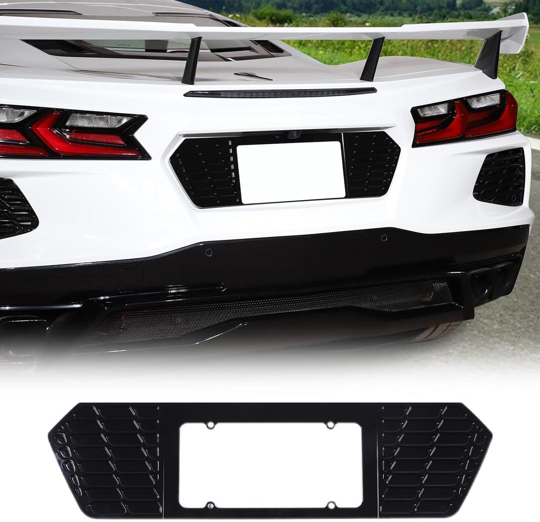 Rear License Frame Compatible with Chevrolet Corvette C8 2020-2026, Aluminum License Plate Frame Grill Vent Insert, License Plate Trim Base Accessories (Bright Black)