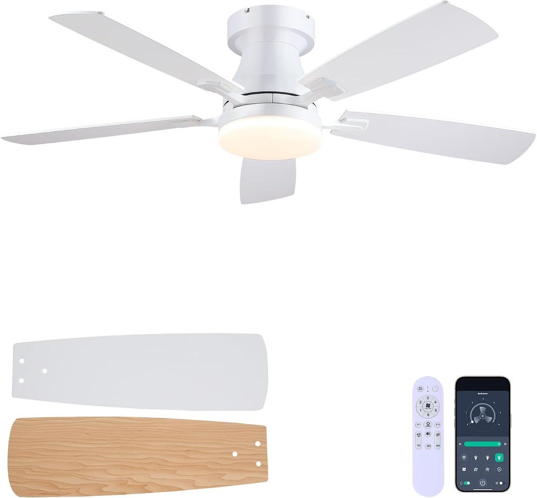 Ceiling Fans with Lights, 48 Inch Ceiling Fan with Light And Remote/APP,Low Profile Ceiling Fan with Light,DC Reversible,6 Speed Noiseless LED Ceiling Fan,White Small Ceiling Fan for Bedroom