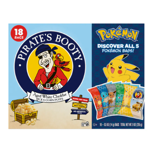PIRATE'S BOOTY Pokémon Aged White Cheddar Rice & Corn Puffs, 0.5 oz Bags (18 Count), 3 Pack, BB: 01/26/26