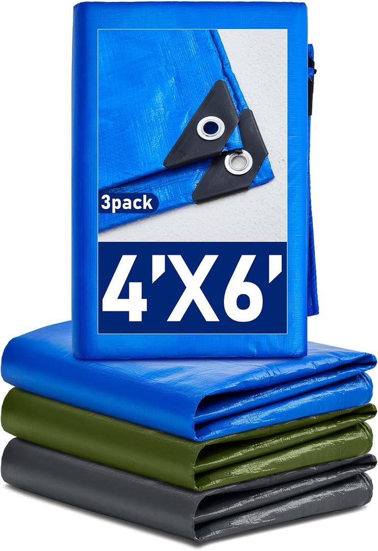 SmoothNovelty 3 Pcs Large Waterproof Tarp 4 x 6 ft Heavy Duty 5.5 Mil Thick Poly Tarpaulin with Grommets Multipurpose Protective Cover for Summer Home Boats Cars Camping RV Pool Tent