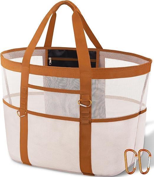 Stylish & Spacious XX-Large Beach Bag for Women  12 Pockets, Foldable & Lightweight Mesh Tote, Includes 2 Carabiners (White and Brown)