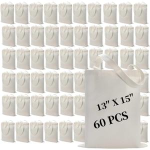 60 Pack Sublimation Tote Bags Blank Canvas Reusable Polyester Grocery Bags for Heat Transfer Vinyl DIY Crafting White, 13x15 Inch