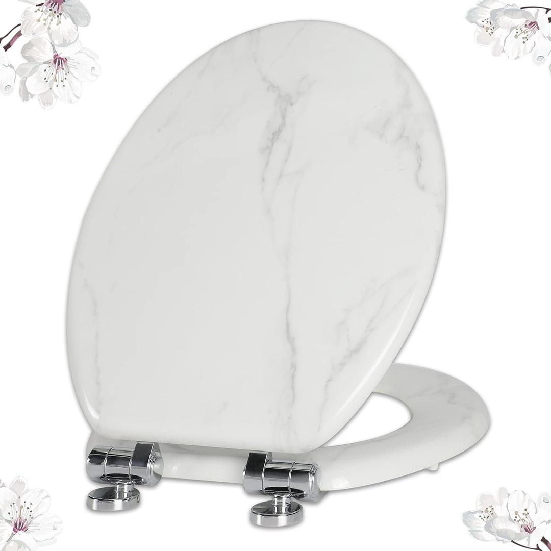 Angel Shield Marble Toilet Seat Durable Molded Wood with Quiet Close,Easy CleanQuick-Release Hinges (Elongated,White Marble) (Elongated-18.5)