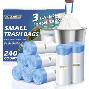 240 Count 3 Gallon Trash Bags Drawstring - 12 Liter Small Garbage Bags for Bathroom, 0.96 Mil Strong White Unscented Plastic Wastebasket Bin Liners for Toilet Office and Bedroom