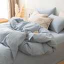 100% Washed Cotton Duvet Cover Set Queen Size with Bag, Ultra Soft and Lightweight, All Season Bedding with Zipper and Ties, Minimalist Neutral Style (Dusty Blue, Queen(90"x90"))