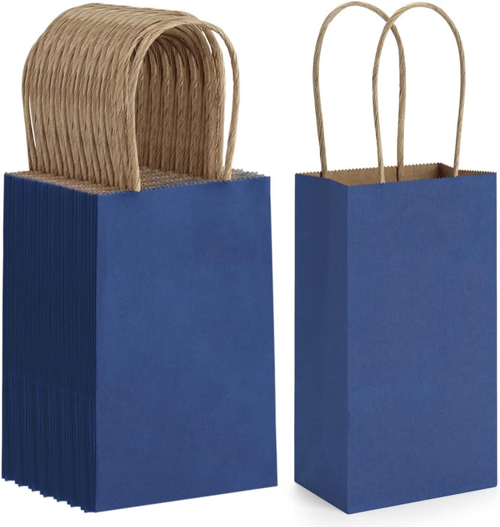 BagDream 100Pack 3.5x2.4x6.7 Inches Small-Kraft-Paper-Gift-Bags with Handles Bulk-Mini-Party-Favor-Gift-Bags Recyclable Tiny Navy Blue Paper Sacks for Samples, Candy