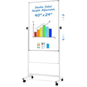 Magnetic Rolling Whiteboard, 40" x 24", Double Sided, Height Adjustable