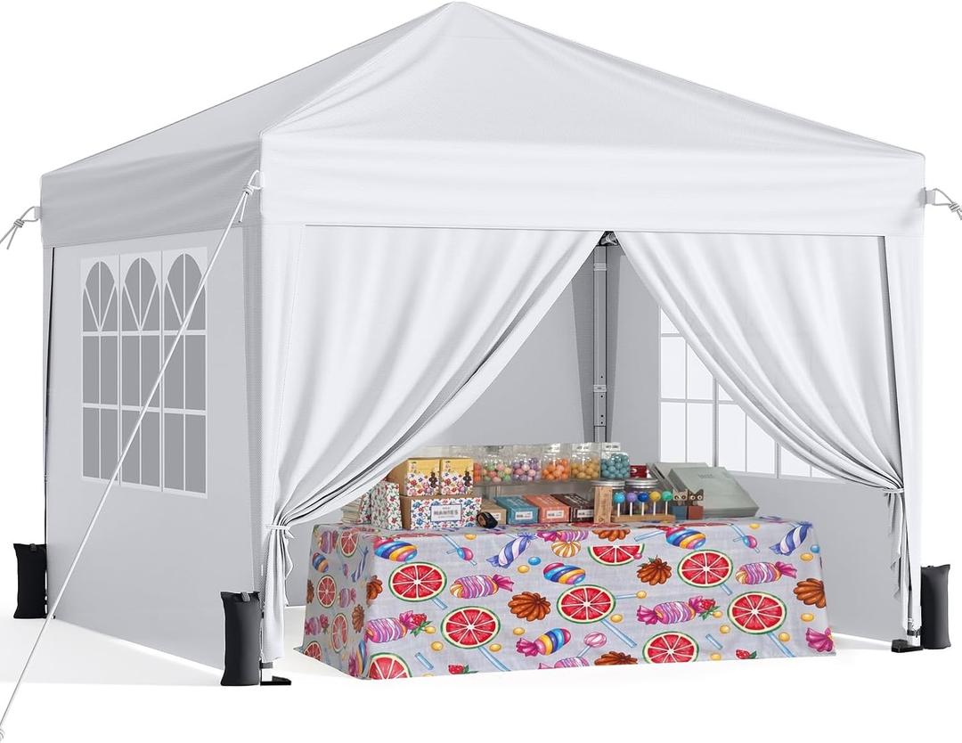 Driftalia 10x10 Pop Up Canopy with Sidewalls, One Push Instant Canopy Tent with Carry Bag for Events, Parties, Beach, Camping - White/Clear