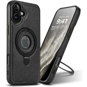 Magnetic for iPhone 16 Plus Leather Case,Invisible Stand [Compatible with Magsafe] Slim Kickstand Phone Cove (Black, iPhone 16 Plus-6.7")