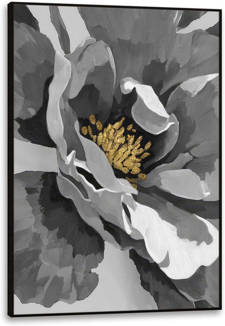 Framed Abstract Flower Wall Art, 24x36 Inch Black White Gold Floral Canvas Print, Modern Luxury Peony Painting, Neutral Home Decor for Living Room Bedroom Office