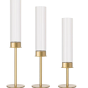 Gold Candle Holders Set of 3 Decorative Taper Candlestick Holders with Windproof Glass for Wedding Reception, Home Decor, and Holiday Centerpieces Elegant Heights of 14'', 16.5'', 18.8''