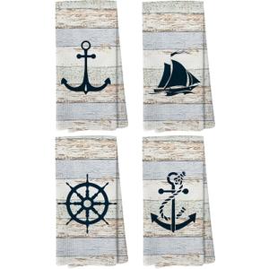 Nautical Hand Towels for Bathroom - Nautical Beach Dish Hand Towels Bathroom Decor, Coastal Beach Boat Anchor Towel for Kitchen Decor, 16 x 24Inch Set of 4