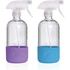 Glass Spray Bottles for Cleaning, Silicone Sleeve Bottom for Protection, Reusable Glass Spray Bottles 16 Oz With Adjustable Nozzle Settings (2 Pack) (Purple & Blue)