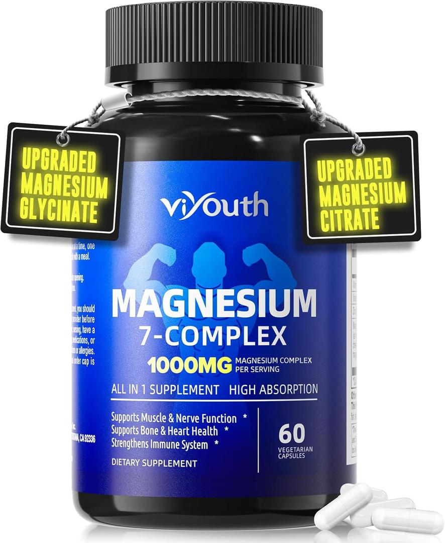 Magnesium 7 Complex Supplement Advanced with 7 Forms of Magnesium (Glycinate, Malate, Chelate, Aspartate, Orotate, Taurine, Citrate), Zinc, Vitamin D3 & Vitamin B6 for Sleep & Muscle, 60 Capsules, Exp 02/2029