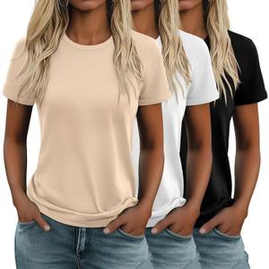 Huukeay 3 Pack Women's Cotton T Shirts Casual Short Sleeve Tunic Tops Crewneck Summer Plain Basic Loose Fit Tee (Medium)