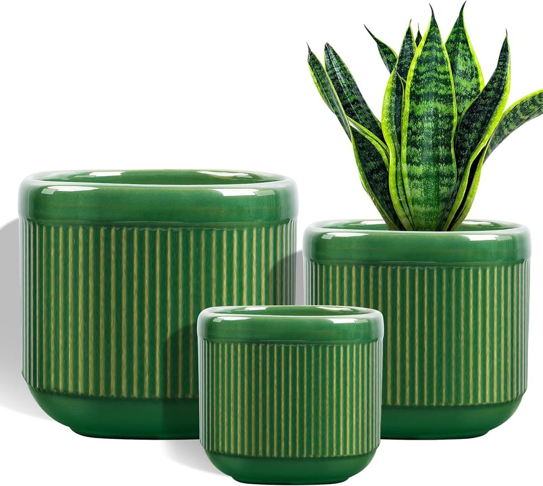 KERUITA Ceramic Plant Pots Set of 3  Square Indoor Planters with Drainage Hole, Mesh Pad & Stopper  Decorative 5/7/9 Inch Flower Pots for Home Office-Green