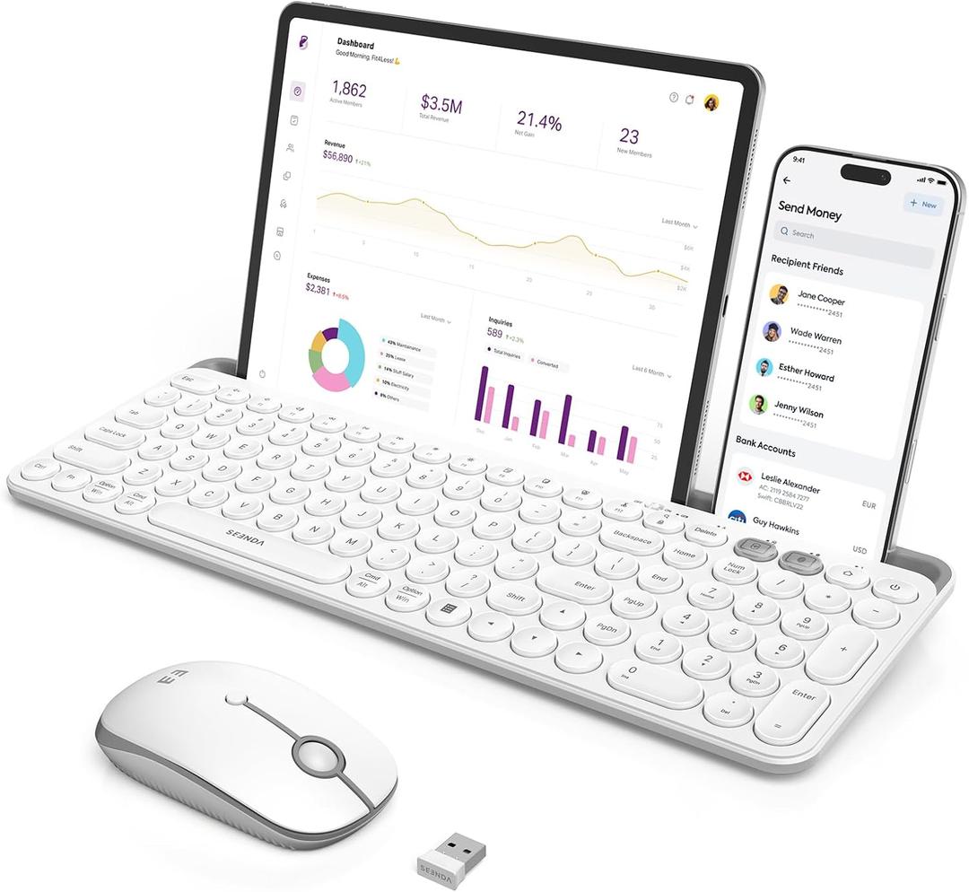 seenda Bluetooth Keyboard and Mouse for iPad, CTU-301 Wireless Multi-Device Connection Bluetooth+2.4G Keyboard Mouse Combo with Tablet Holder for iPad/MacBook/Windows, iOS/Andriod/Phone, White