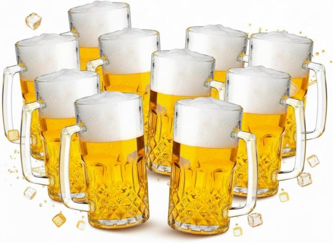 Reallnaive 10 Pack 32 oz Beer Mugs for Oktoberfest Freezer Glass Beer with Handles Mugs Steins German Large Heavy Cups for Men Drinking Gifts (Diamond Style)