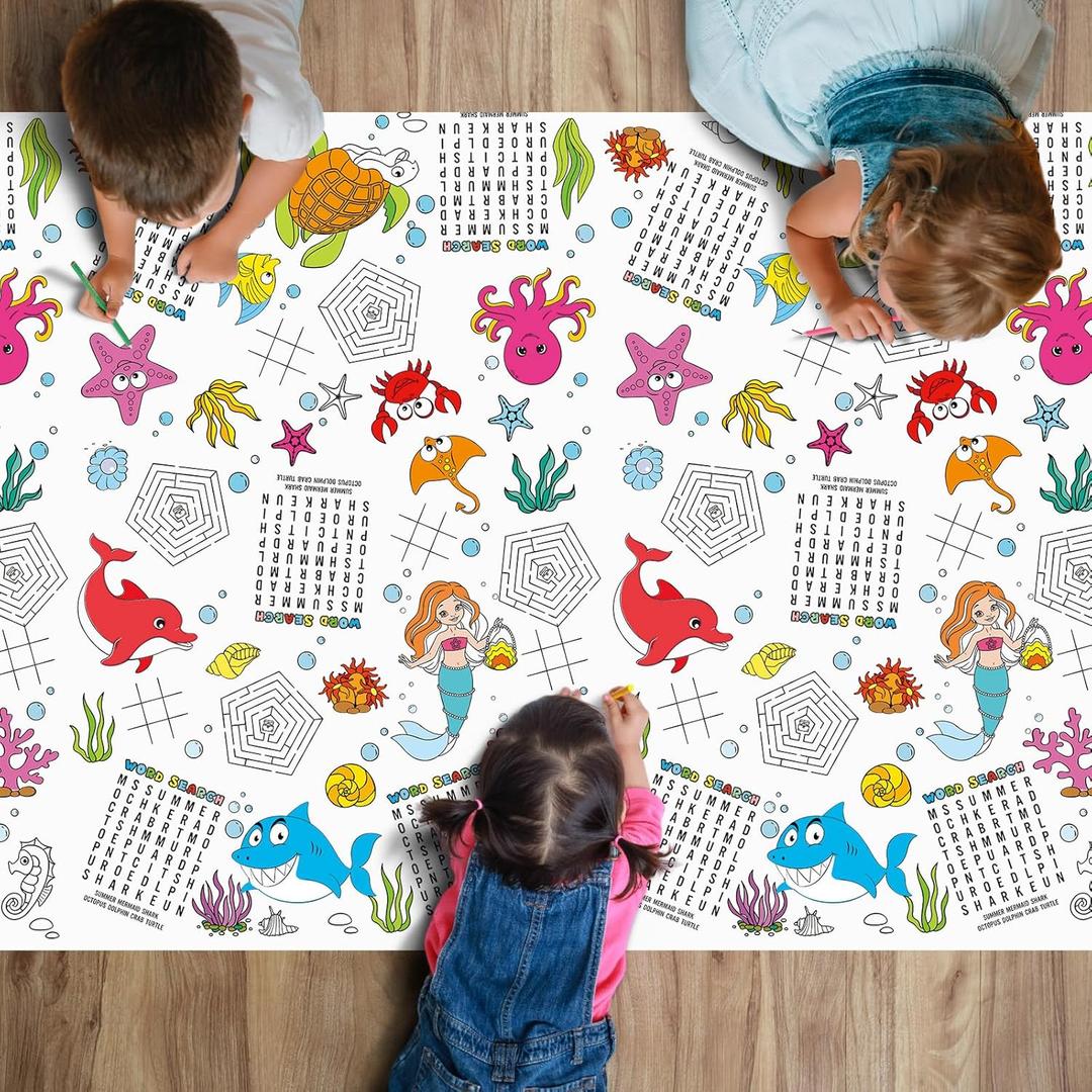 Yungyan 3 Pieces Sea Giant Coloring Poster for Kids 54 x 104 Inch Jumbo Large Coloring Tablecloths Ocean Animals Word Search Maze Tic Tac Toe Games for Under The Sea Party Supplies Classroom Crafts
