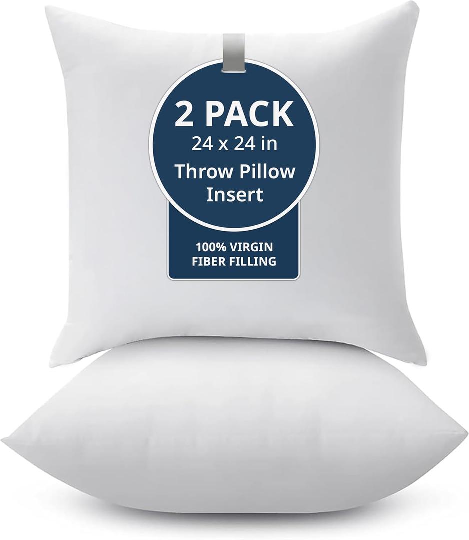 LANE LINEN 24x24 Pillow Inserts - Set of 2 Lightweight Down Alternative Square Pillows, White Throw Pillows for Bed, Decorative Pillows for Couch Bed, Firm Pillows for Living Room