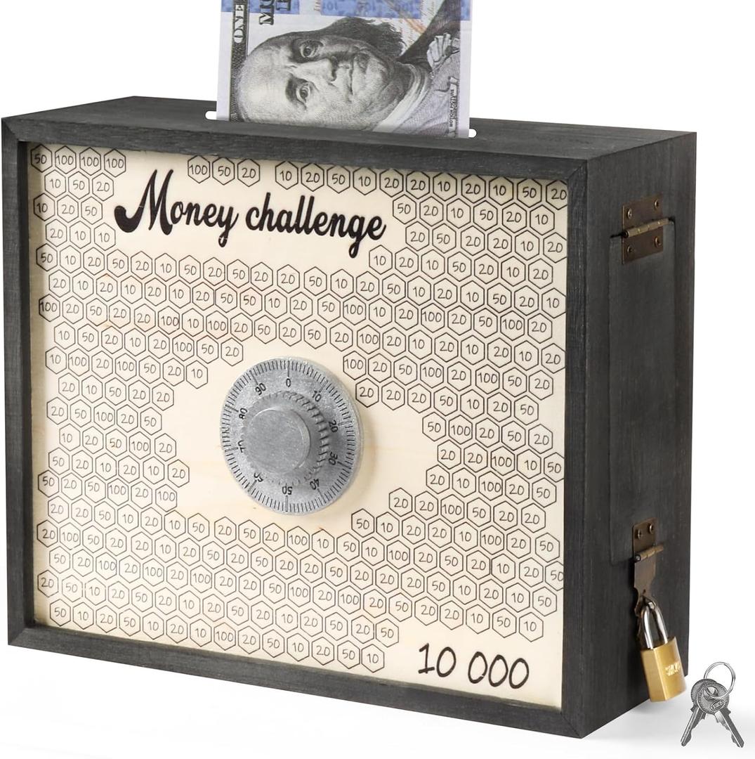 10000 Savings Challenge Box with Lock, Wooden Large 10k Money Saving Box Saver $10,000 Reusable Coin Money Challenge Cash Vault Saving Box Tracker Piggy Bank for Adults Kids, Blue